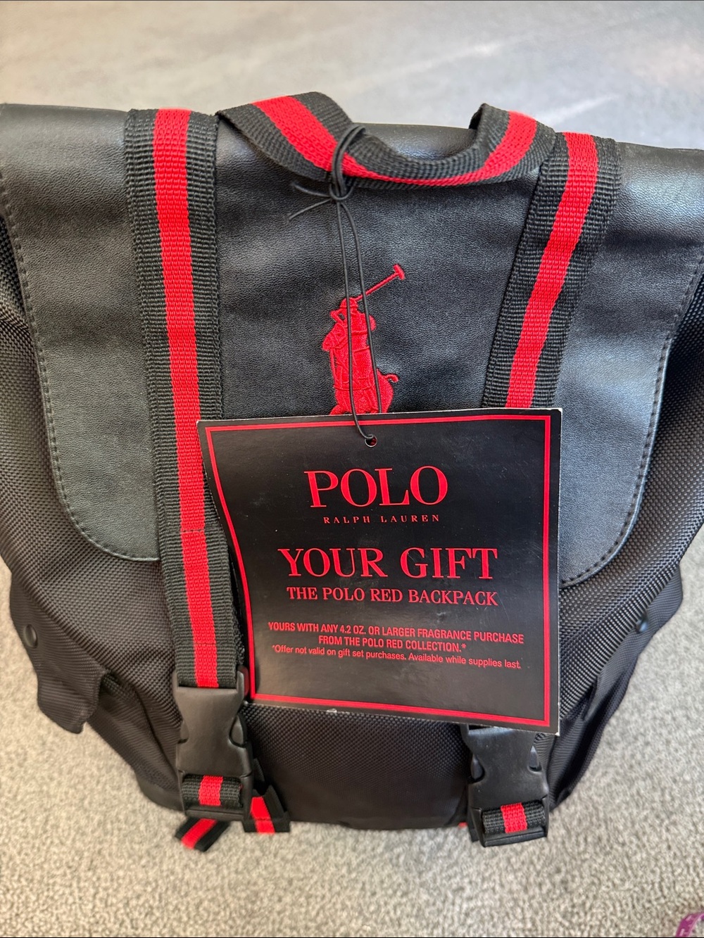 Polo Ralph Lauren Black Red Backpack. Webbing Straps. Draw String Close.